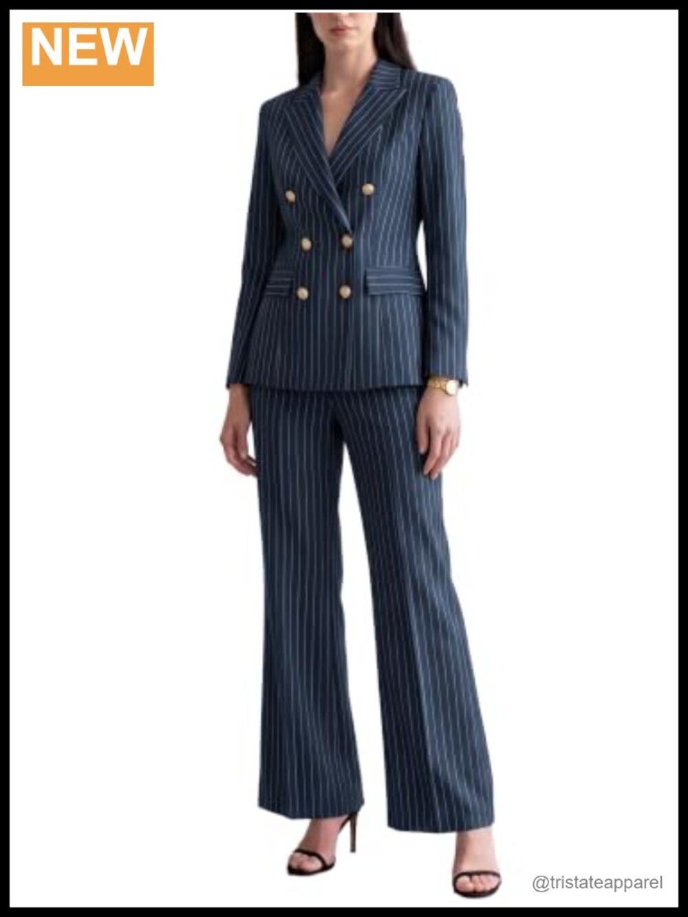 Women 2PC Pant Suit Set Double Breasted Striped Blazer Flared Pants Business